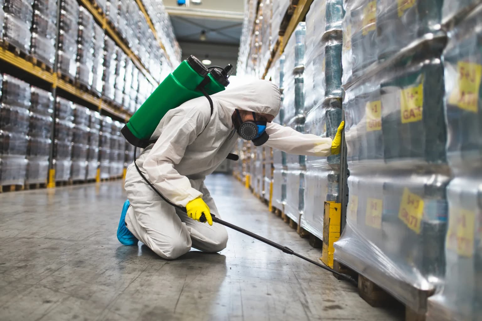 101 Exterminators commercial pest control technician treating a business property in Central California